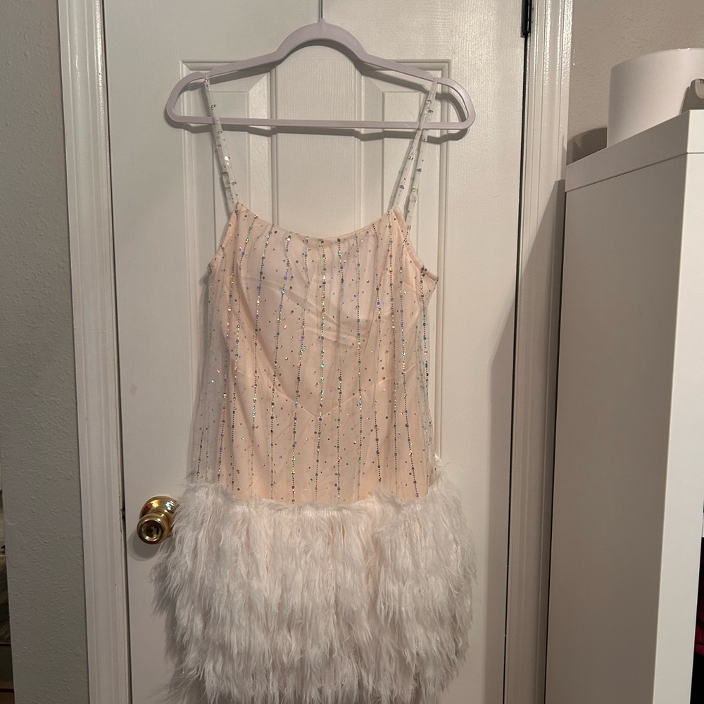 Sparkling Cream Feathered Dress